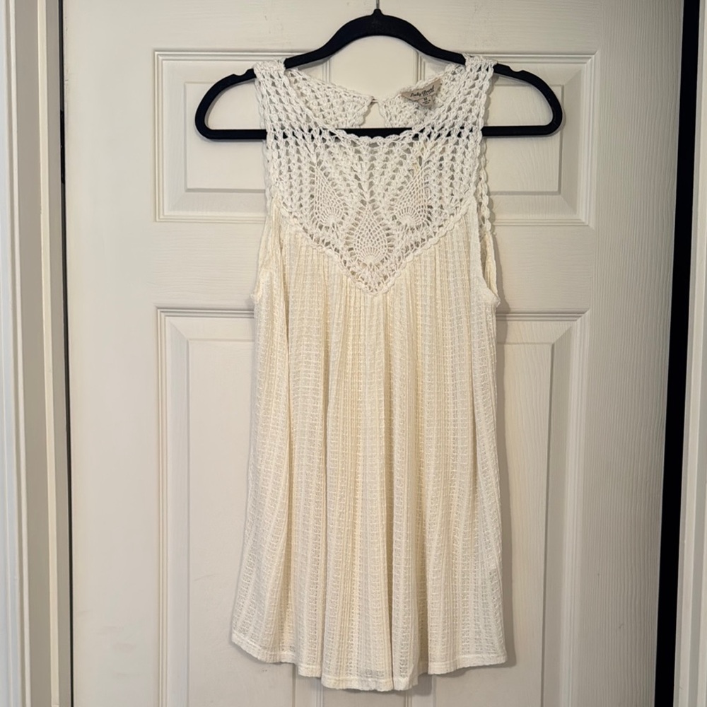 Lucky Brand Knit Cream Crochet Sleeveless sheer Tank Top NWT Size M Retail $50